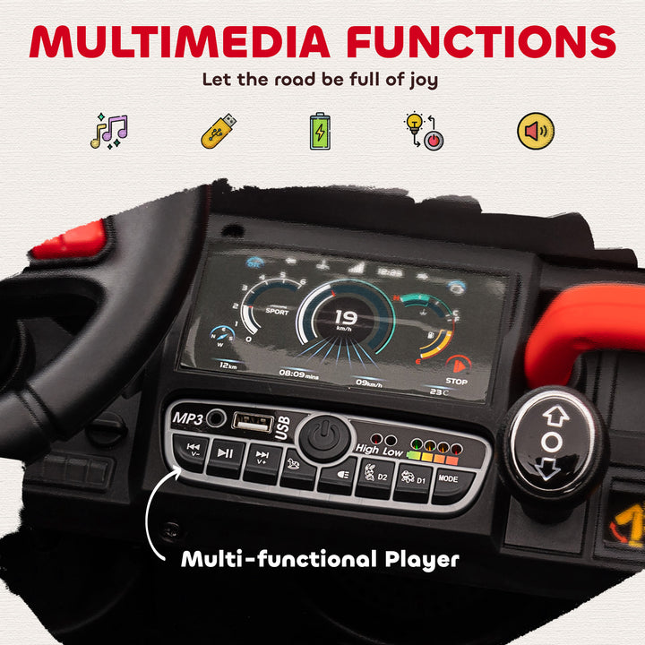 Aosom 12V Ride on Car with Electric Bucket, Two-Seater, Shovel, Remote Control, Spring Suspension, Horn, Music, Red