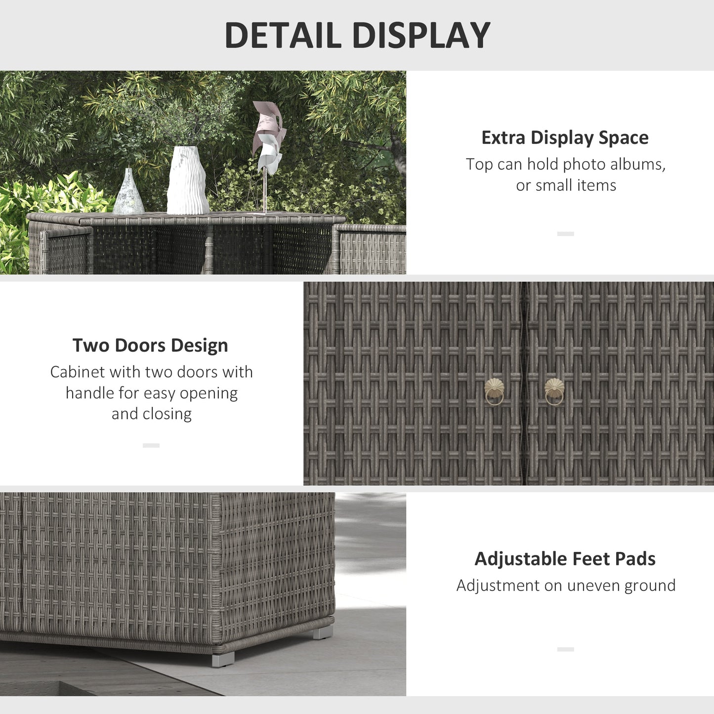 Outsunny Wicker Outdoor Storage Cabinet, 2-Door Rattan Pool Towel Storage Cabinet with Drawer & Removable Shelf, Dark Grey
