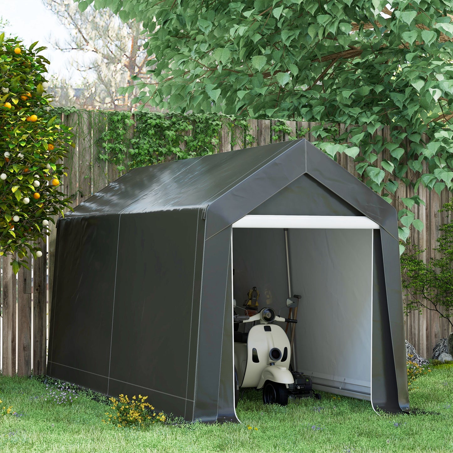 Outsunny 8' x 6' Carport with Sidewalls and Roll-up Door, Outdoor Storage Shelter for Motorcycle and Car, Grey
