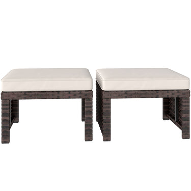 Outsunny 2 Pieces Wicker Outdoor Ottomans with Removable Cushions, Rattan Outdoor Seating, Footrest and Side Table, Khaki