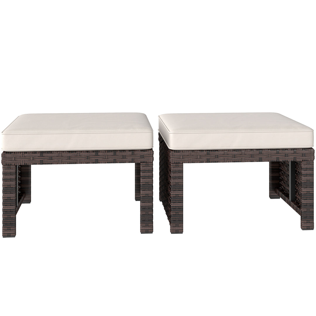 Outsunny 2 Pieces Wicker Outdoor Ottomans with Removable Cushions, Rattan Outdoor Seating, Footrest and Side Table, Khaki