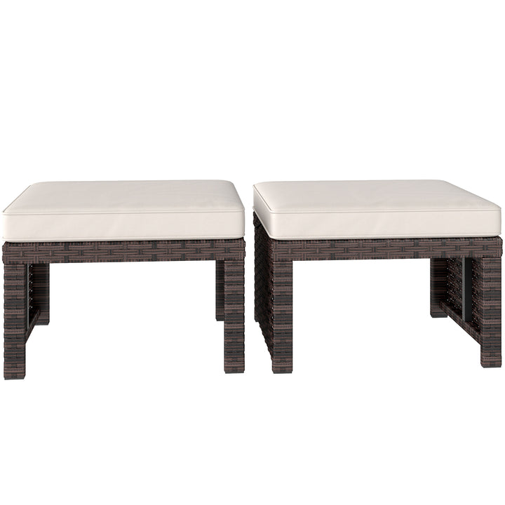 Outsunny 2 Pieces Wicker Outdoor Ottomans with Removable Cushions, Rattan Outdoor Seating, Footrest and Side Table, Khaki