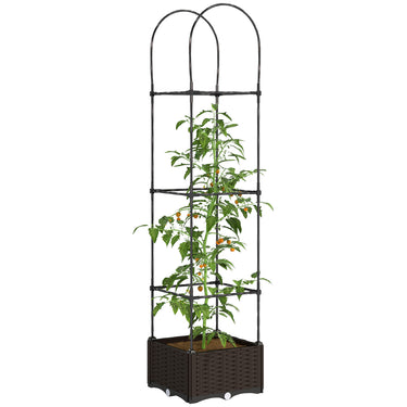 Outsunny Raised Garden Bed with Tomato Planter Cage, Plastic Planter Box with Trellis, Self-Watering Disk, Drainage Holes for Climbing Plants