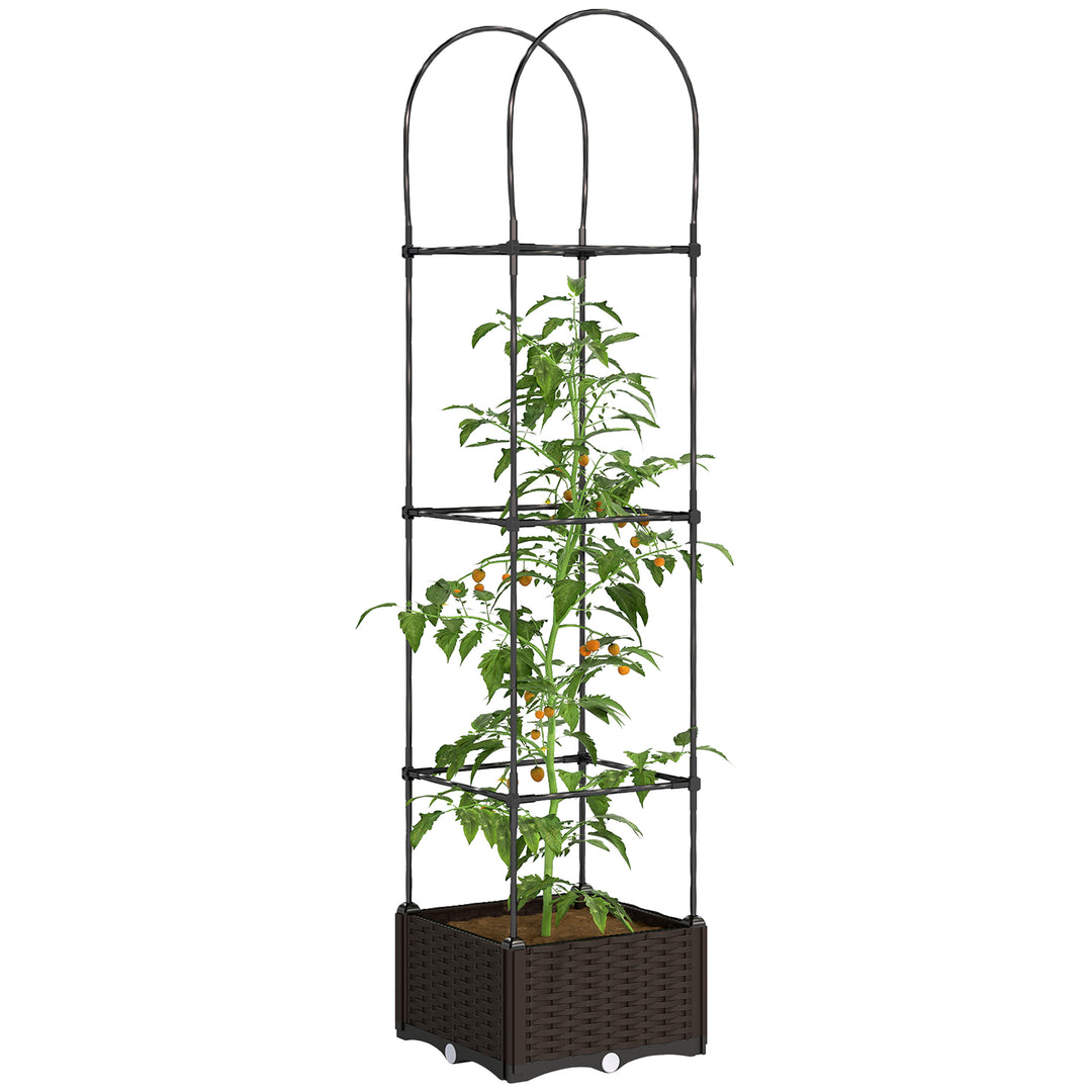 Outsunny Raised Garden Bed with Tomato Planter Cage, Plastic Planter Box with Trellis, Self-Watering Disk, Drainage Holes for Climbing Plants