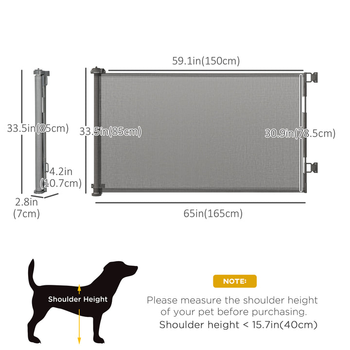 PawHut Retractable Pet Gate, 33.5" Tall, Extends to 59.1" Wide, Foldable Mesh Dog Gate for house, w/ Single Hand Operation, for Stairs, Doorways, Hallways - Grey