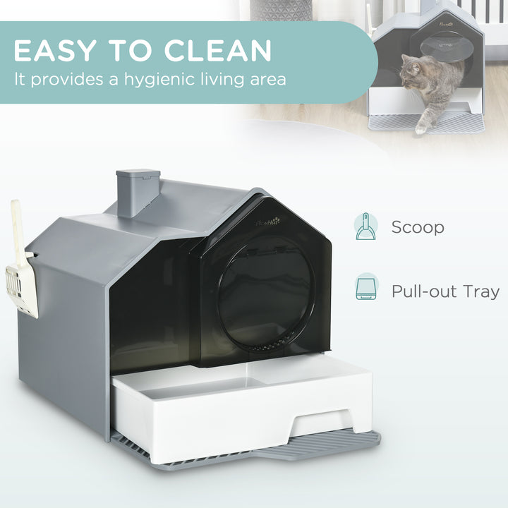 PawHut Hooded Cat Litter Box with Lid, Pull-Out Drawer, Handle, Scoop, Deodorizer Packs for Odor Control & Easy-Clean, Grey