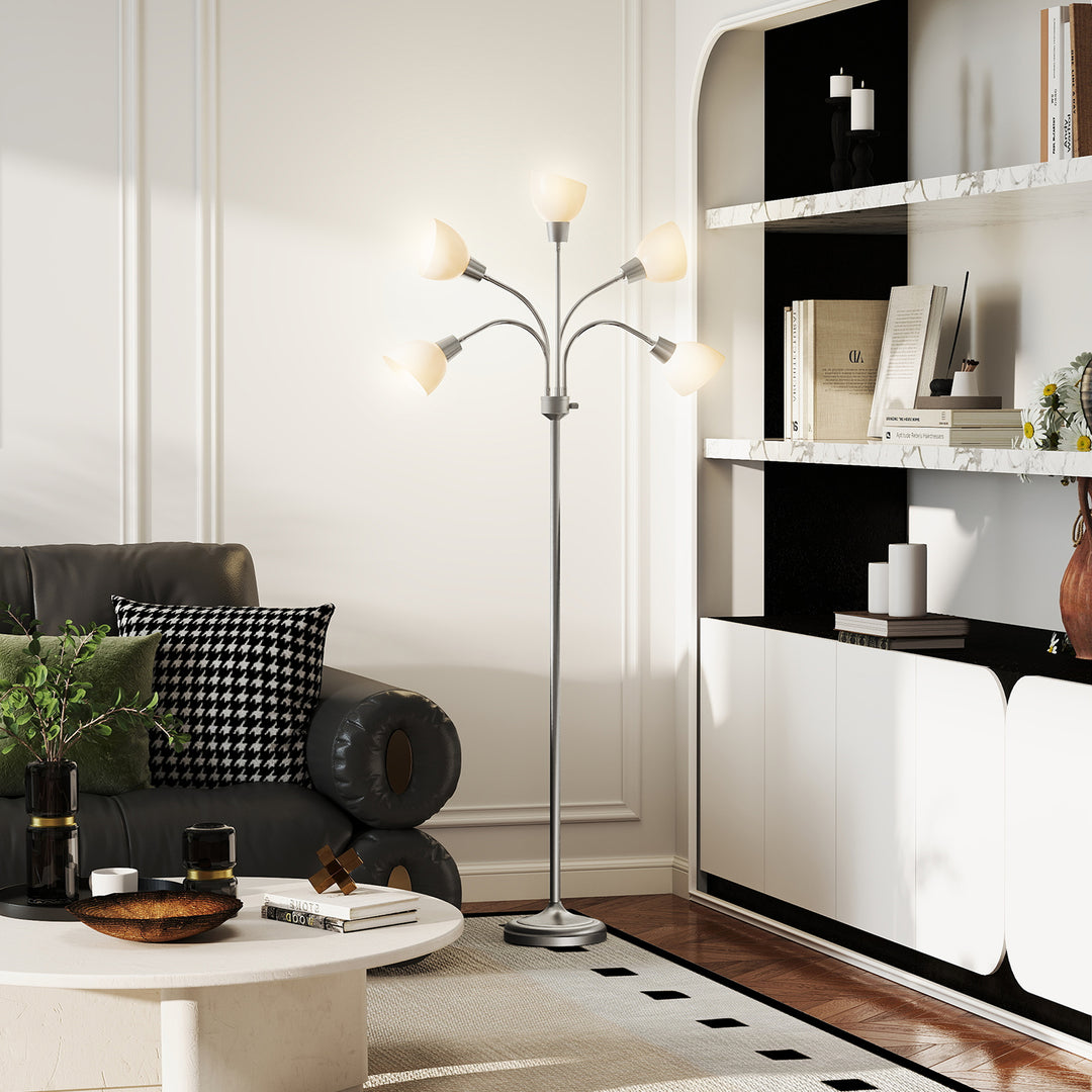 HOMCOM Arc Tree Floor Lamp with 5 Adjustable Rotating Lights, Modern Standing Gooseneck Reading Light for Living Room Bedroom Office, Satin Nickel