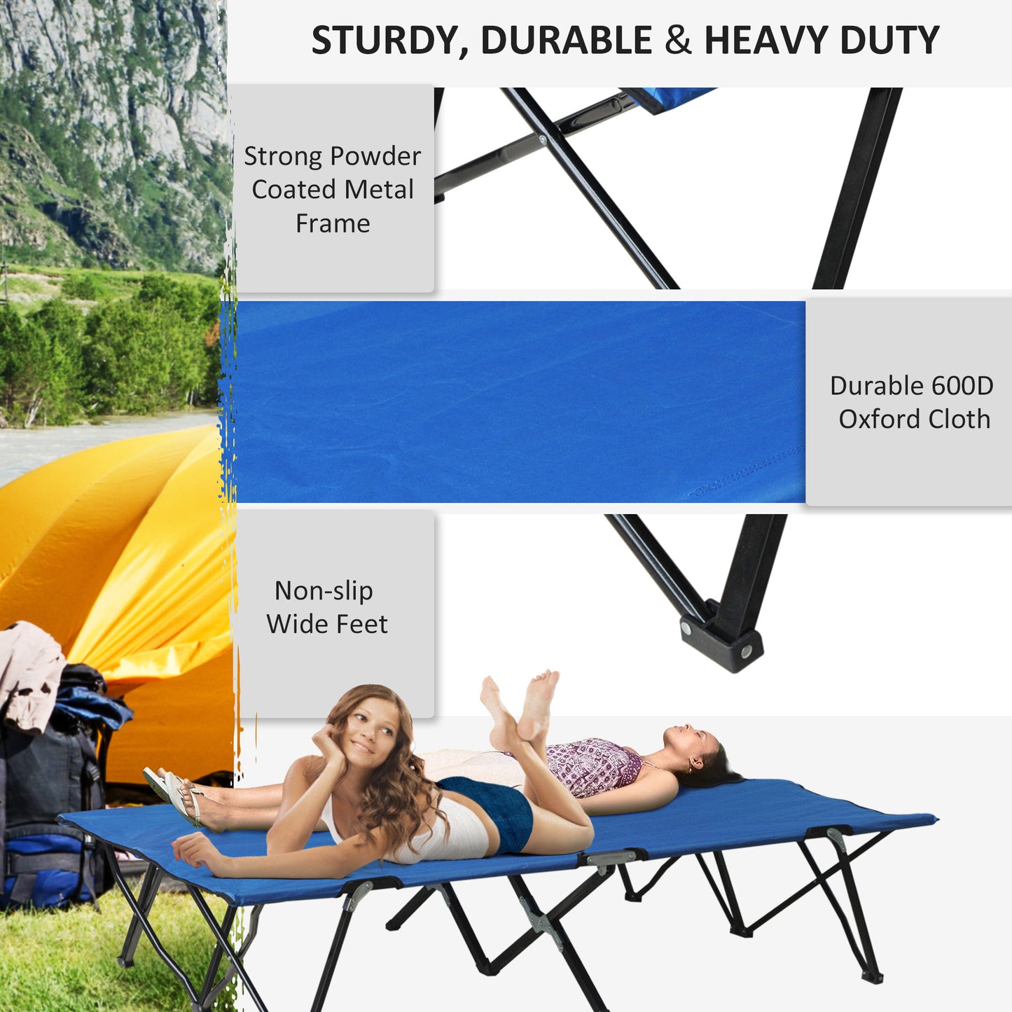 Outsunny 76" Two Person Folding Camping Cot Outdoor Portable Double Cot Wide Military Sleeping Bed w/ Carrying Bag Blue