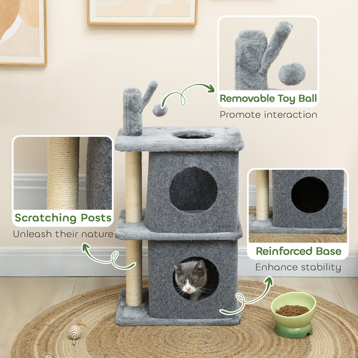 PawHut 31.5" Cat Tree, Multi-Level Cat Tower with 2 Condos and Soft Plush Perches for 1-2 Cats, Grey