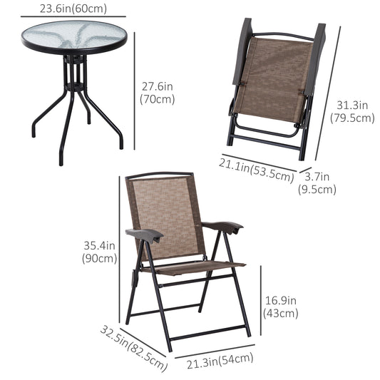 Outsunny Folding Outdoor Bistro Set, Patio Table and Chairs with Reclining Backrest and Round Dining Table, Brown