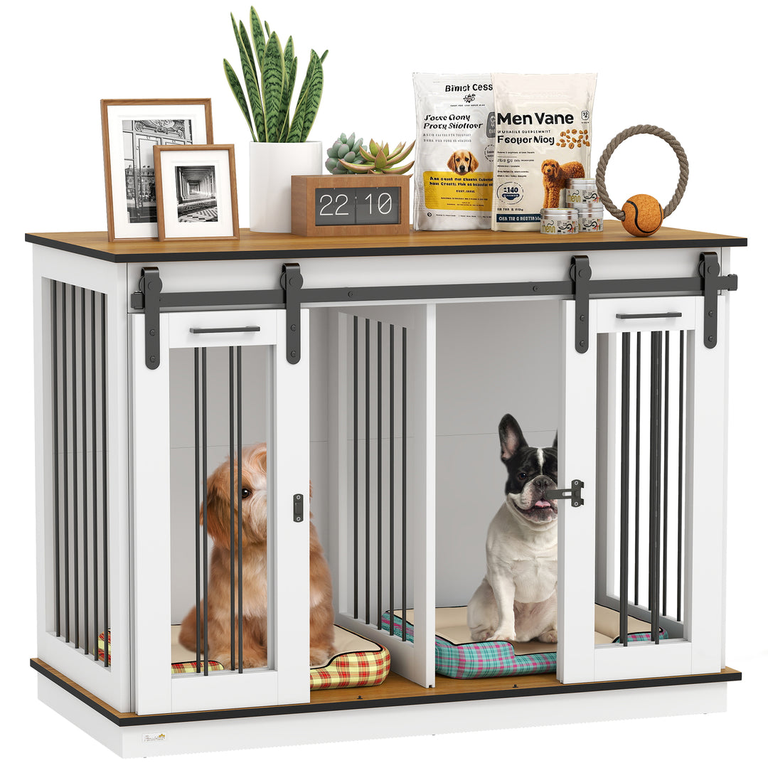 PawHut 47in Dog Crate Furniture with Divider Panel, Wooden Dog Kennel TV Stand for Large Dogs, Pet House Side Table for 2 Small Dogs with Two Rooms Design, 2 Sliding Doors, Oak