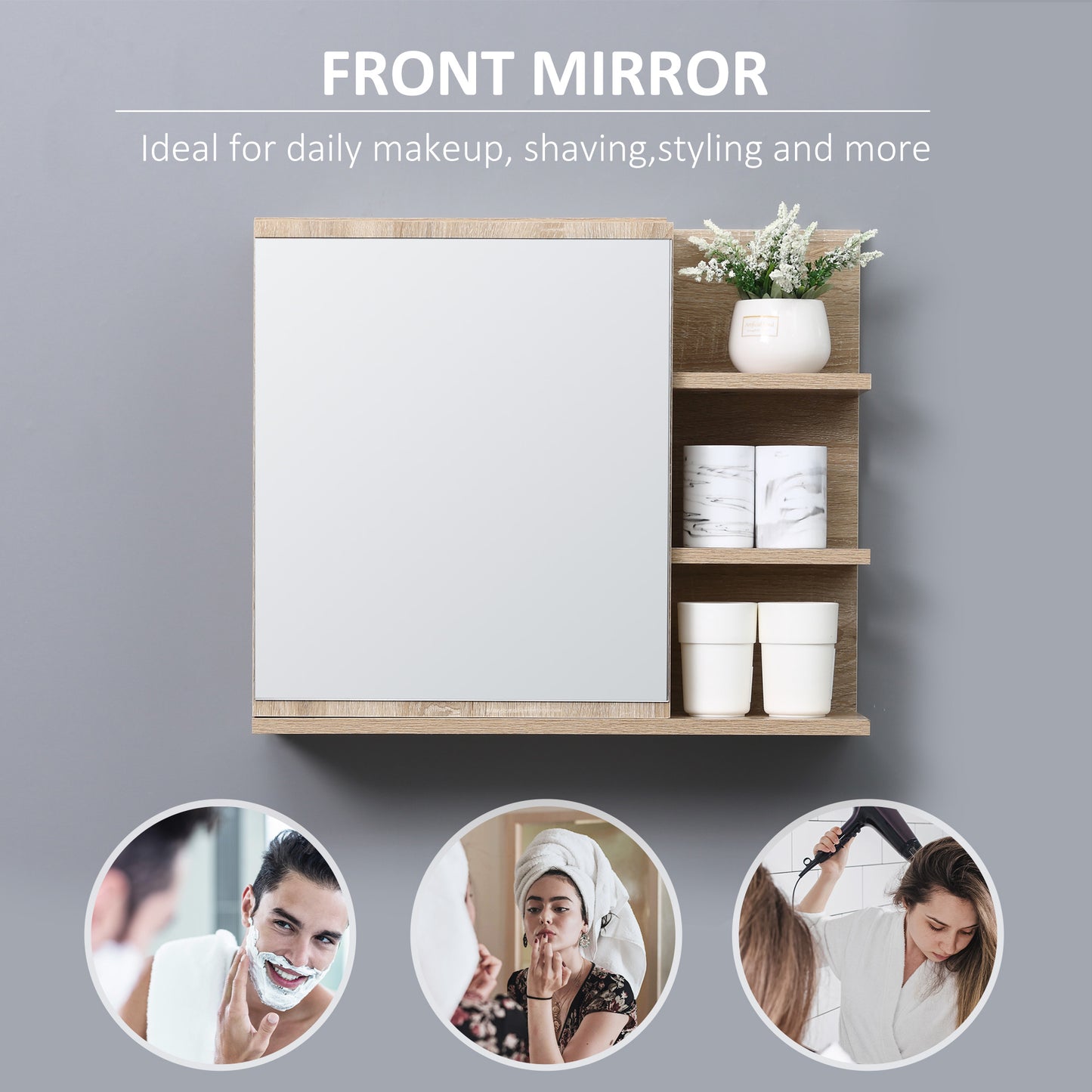kleankin Medicine Cabinet with Mirror, Wall Mounted Bathroom Mirror Cabinet, Bathroom Wall Cabinet with 3 Open Shelves, Natural