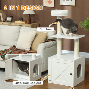 PawHut Cat Tree with Litter Box Enclosure, Sisal Covered Scratching Posts, Large Platform, Bed for Indoor Cats, White