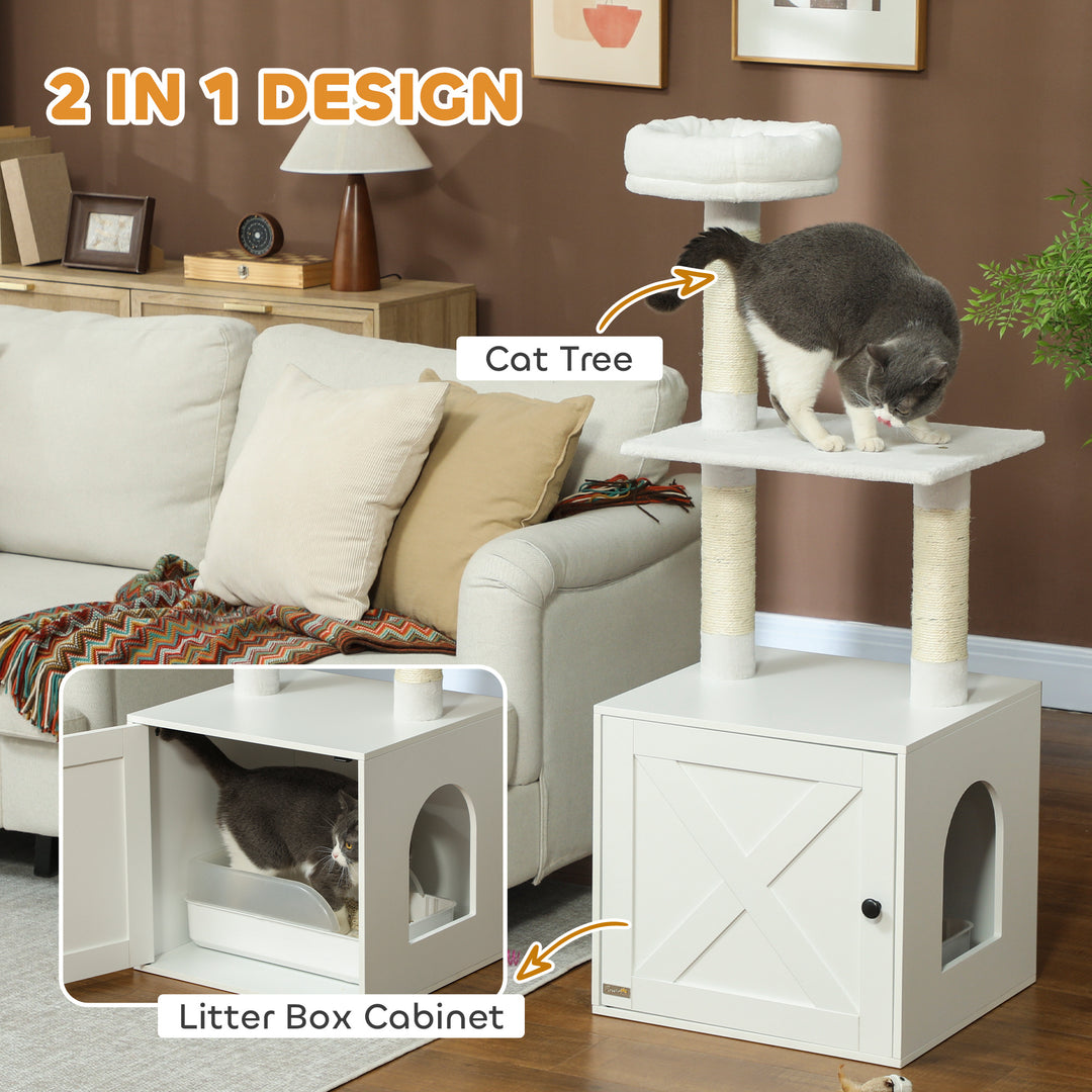 PawHut Cat Tree with Litter Box Enclosure, Sisal Covered Scratching Posts, Large Platform, Bed for Indoor Cats, White