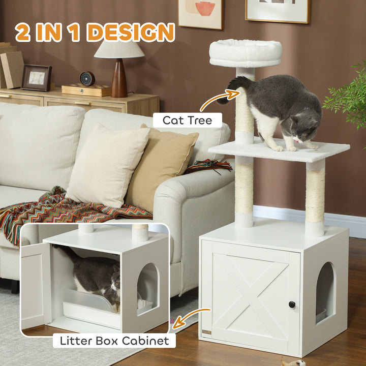 PawHut Cat Tree with Litter Box Enclosure, Sisal Covered Scratching Posts, Large Platform, Bed for Indoor Cats, White