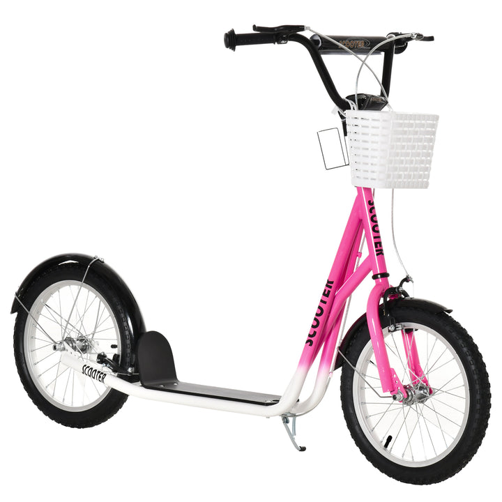 Aosom Kick Scooter with Adjustable Handlebar, Kids Scooter with 2 Brakes Basket Cupholder 16" Inflatable Rubber Tyres Pink