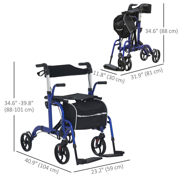 HOMCOM Rollator Walker with Seat, Folding Rolling Walker with 8" Wheels, Walker for Seniors with Adjustable Height, Blue