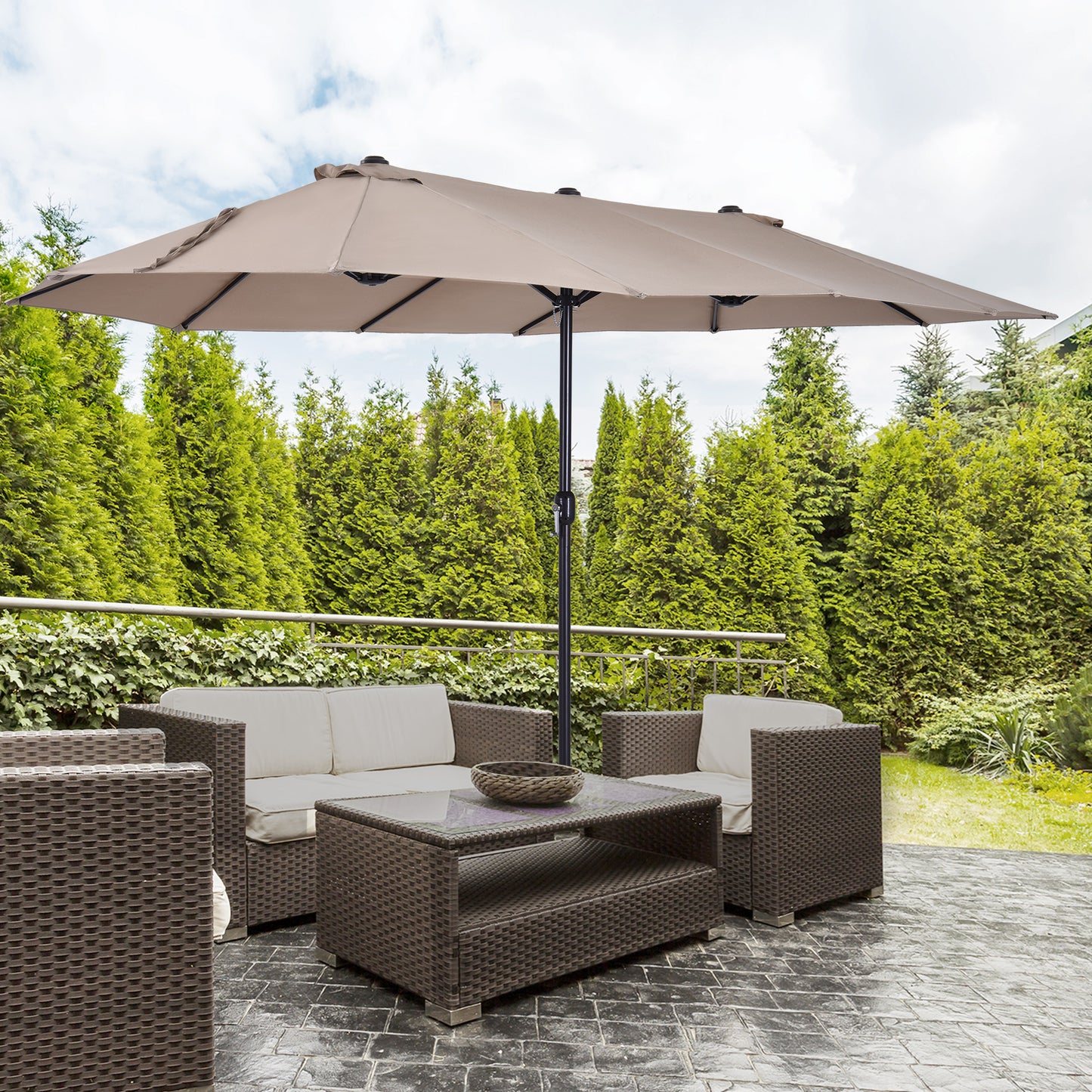 Outsunny 15ft Double-sided Patio Umbrella with Twin Canopy, Extra Large Outdoor Parasol with Crank for Pool, Deck, Market, Blue