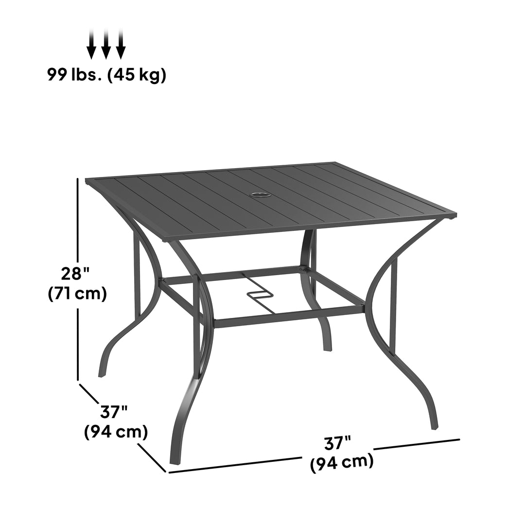 Outsunny Outdoor Dining Table for Four, Patio Table with Parasol Hole, Square Garden Table with Slatted Metal Plate Top, for Backyard, Poolside, Black