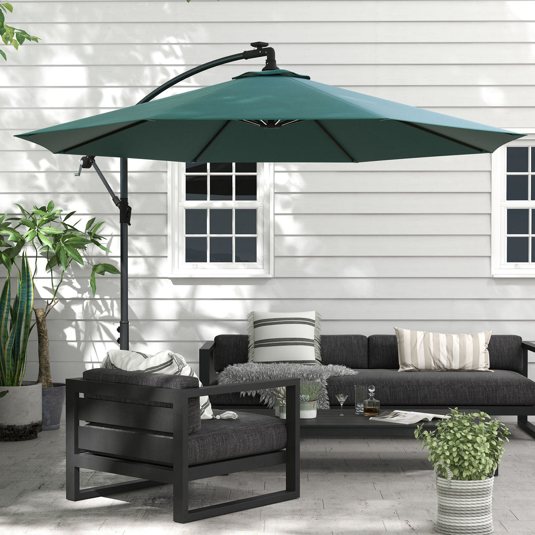 Outsunny 10ft Outdoor Cantilever Hanging Offset Umbrella with Solar LED Lights, Crank, Cross Base, Aluminum Frame, Green