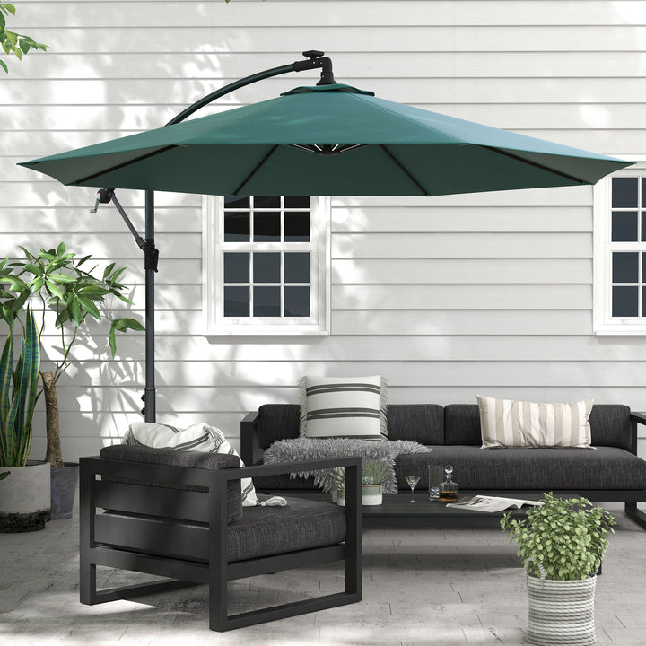 Outsunny 10ft Outdoor Cantilever Hanging Offset Umbrella with Solar LED Lights, Crank, Cross Base, Aluminum Frame, Green
