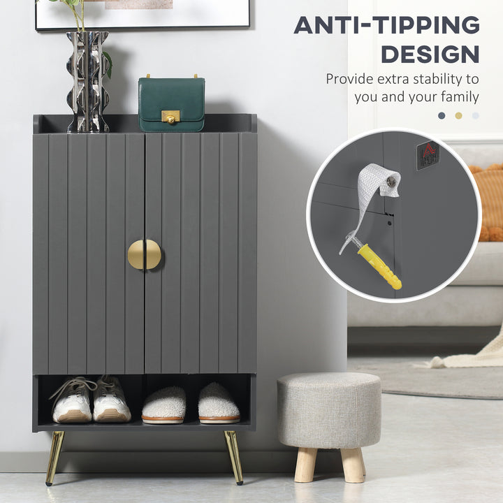 HOMCOM Entryway Shoe Storage Cabinet, Narrow Shoe Cabinet with Adjustable Shelves and Open Shelf for 15 Pairs of Shoes, Grey