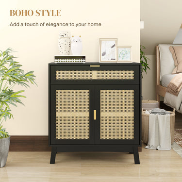 HOMCOM Boho Sideboard Storage Cabinet with Rattan Doors, Black