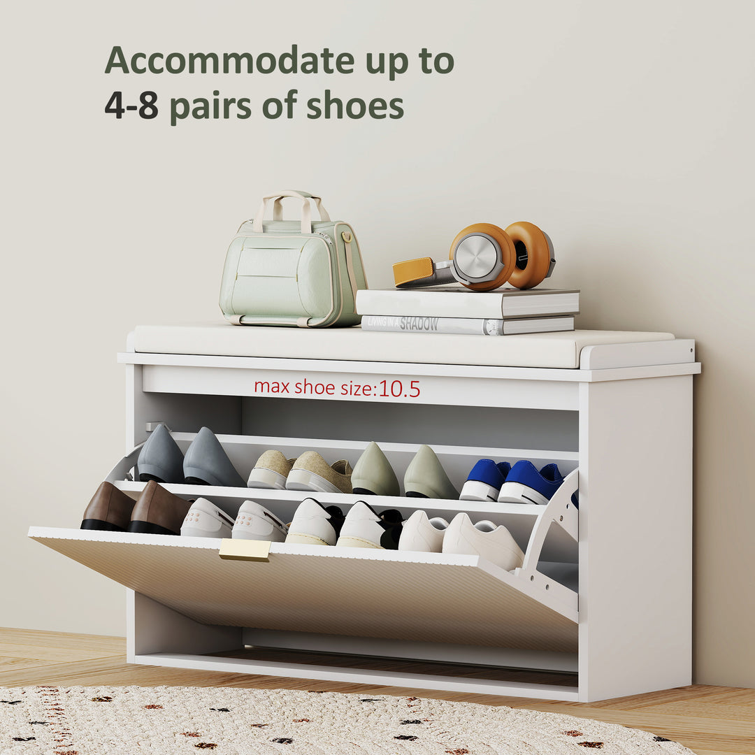 HOMCOM Entryway Bench with Padded Seat and Flip-Drawers, Holds up to 265lbs, Shoe Storage Bench for 8 Pairs of Shoes, White