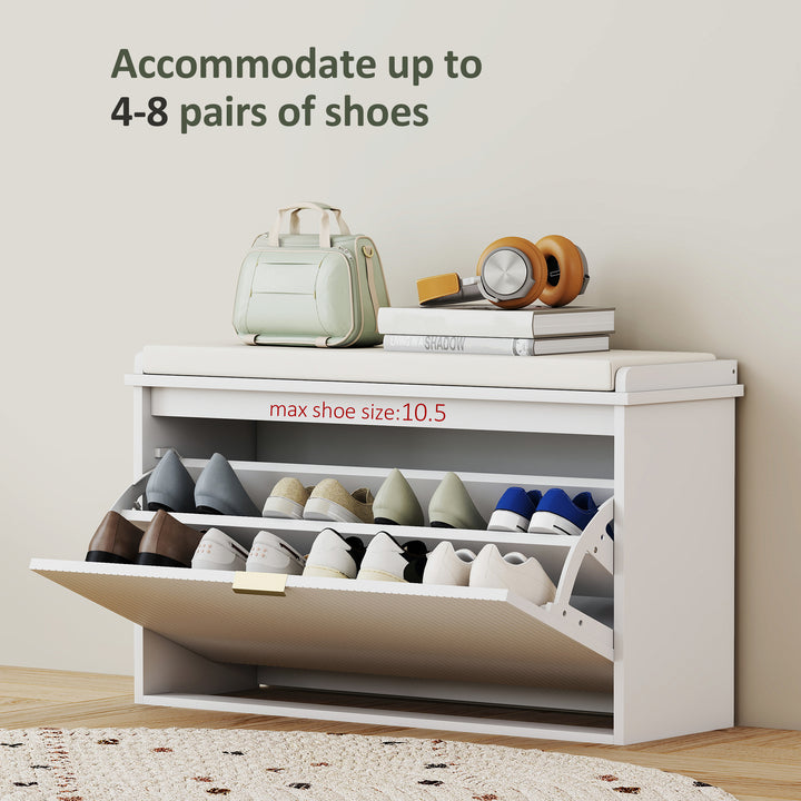 HOMCOM Entryway Bench with Padded Seat and Flip-Drawers, Holds up to 265lbs, Shoe Storage Bench for 8 Pairs of Shoes, White