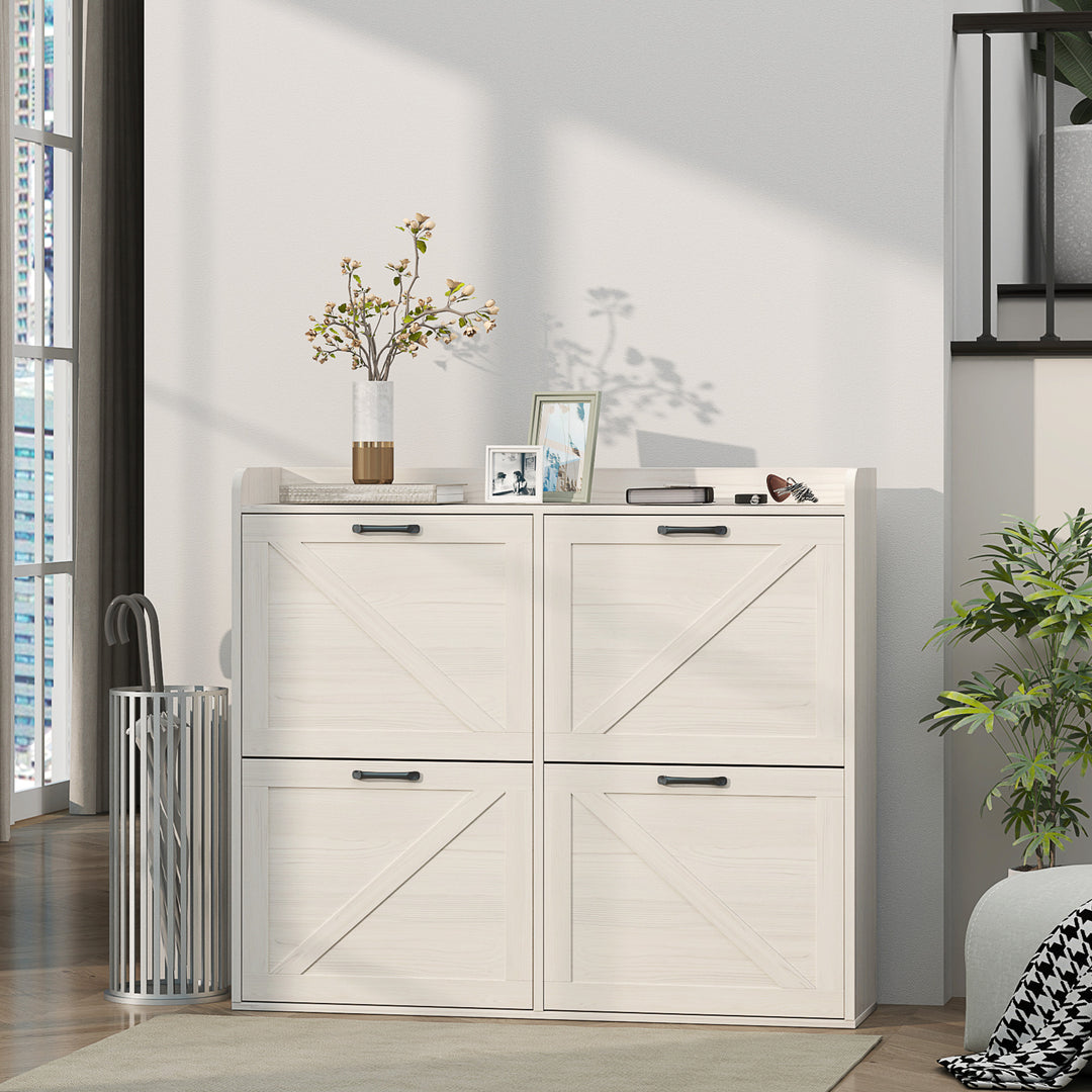 HOMCOM Narrow Shoe Storage Cabinet with 4 Flip Drawers, Adjustable Shelves, 16 Pair Farmhouse Shoe Cabinet, Rustic Brown