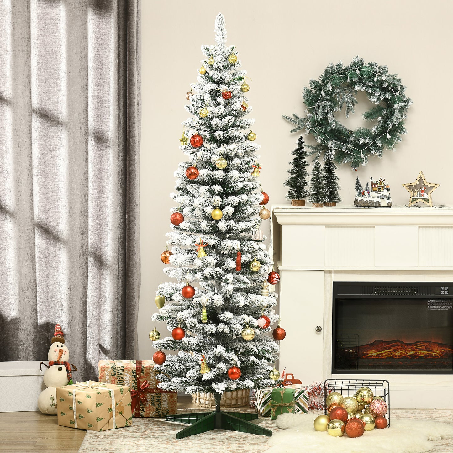HOMCOM 6ft Flocked Christmas Tree, Pencil Artificial Christmas Tree with Realistic Branches, Pink