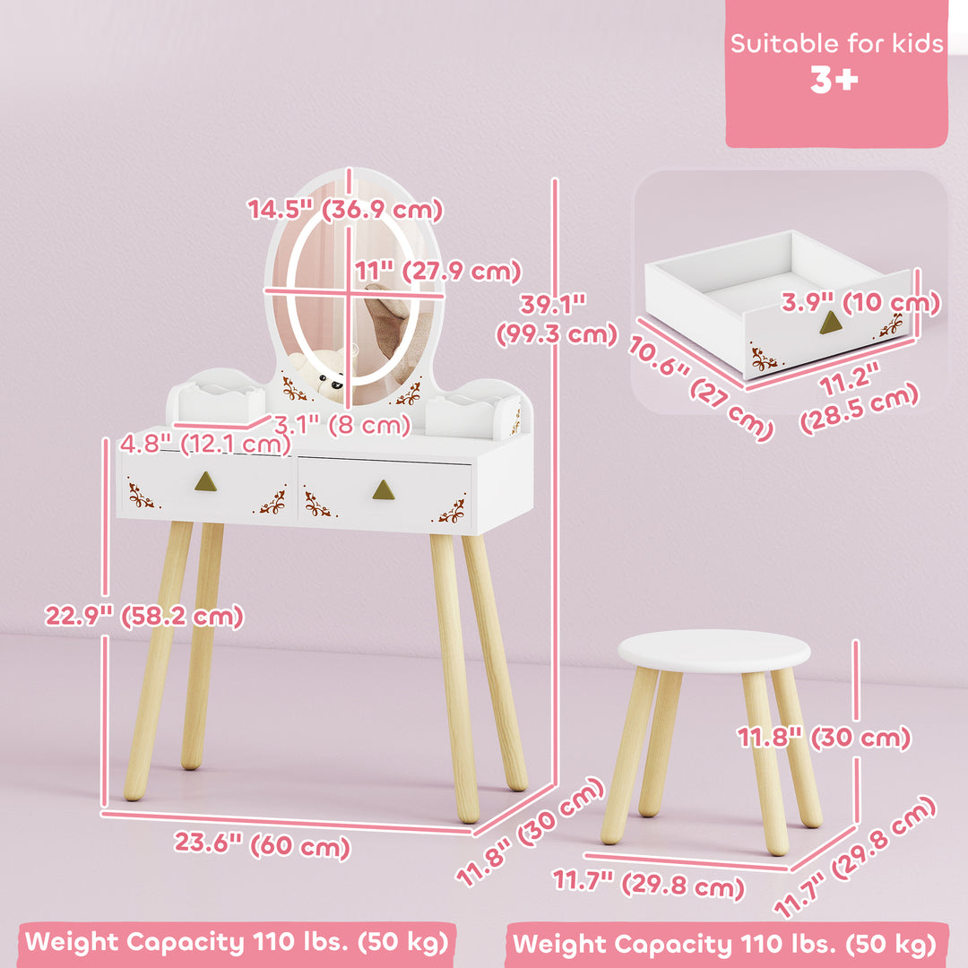 Qaba Kids Vanity Set with Mirror, Stool, 3-Colour LED Lights, Girls Dressing Table Pretend Play for Kids Room, Pink