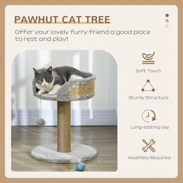 PawHut Cat Tree with Scratching Post, Toy Ball, Perch, Small Cat Tower for Indoor Cats - 16" x 16" x 19", Grey