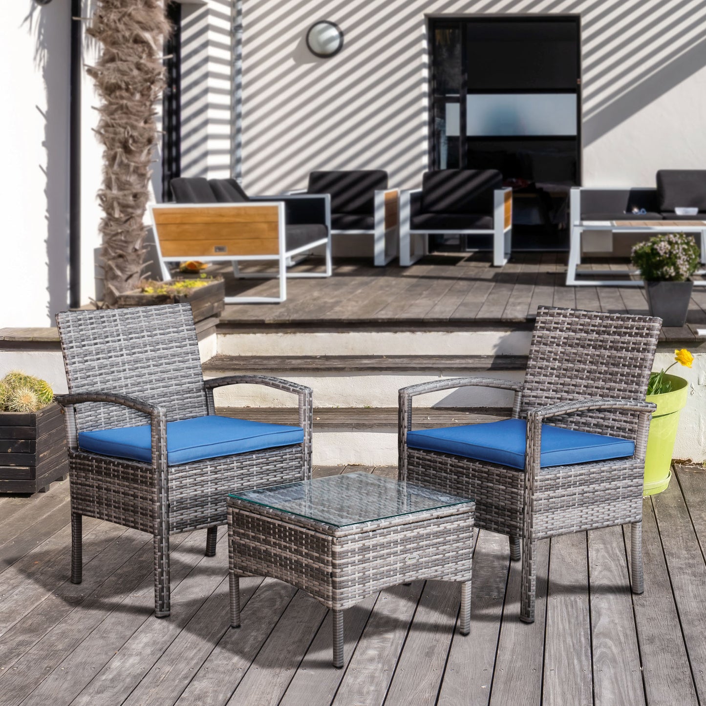 Outsunny 3 Pieces Wicker Patio Furniture Set, Rattan Bistro Set with Coffee Table and Cushions, Outdoor Conversation Set for Garden, Porch, Balcony, Blue