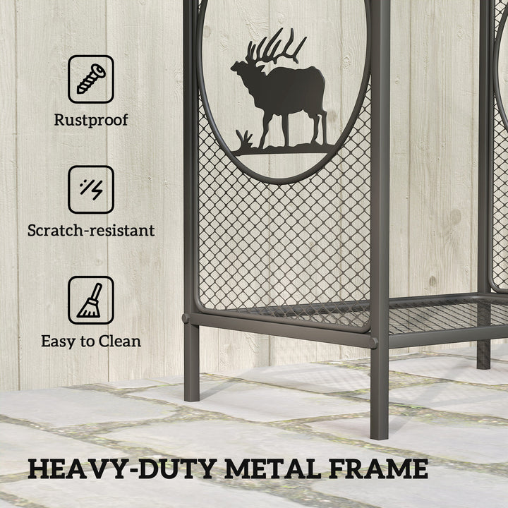 Outsunny Firewood Rack Outdoor, 19" Heavy Duty Metal Fireplace Log Holder with Mesh Sides and Decorative Deer Patterns