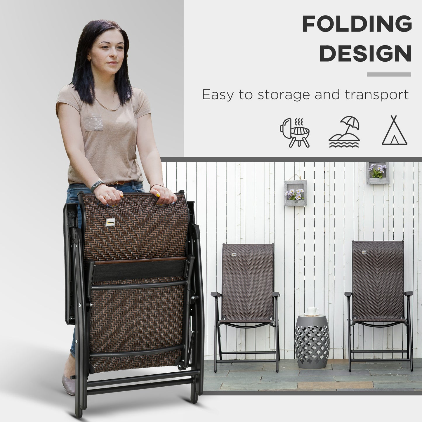Outsunny 2PCs Outdoor Wicker Folding Chairs with Adjustable Backrest, Grey