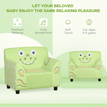 Qaba Kids Sofa, Armrest Chair for Preschool, Toddler Couch for Kids Room, Kindergarten with Cute Animal Print, Super-soft Velvet, Eucalyptus Wood, Green
