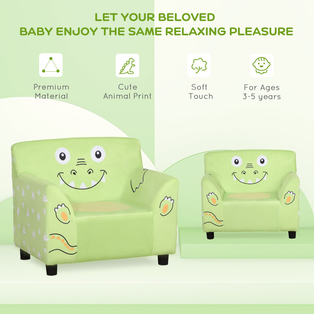 Qaba Kids Sofa, Armrest Chair for Preschool, Toddler Couch for Kids Room, Kindergarten with Cute Animal Print, Super-soft Velvet, Eucalyptus Wood, Green