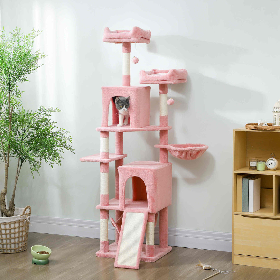 PawHut Cat Tree, 70" Multi-Level Cat Tower with 2 Condos, 2 Perches, Hammock, Toy Balls, Scratching Posts and Board, Green
