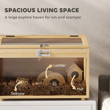PawHut 22"L Hamster Cage with Openable Top & Acrylic Windows, Small Animal Cage with Hut, Seesaw, Ladder, Natural Wood