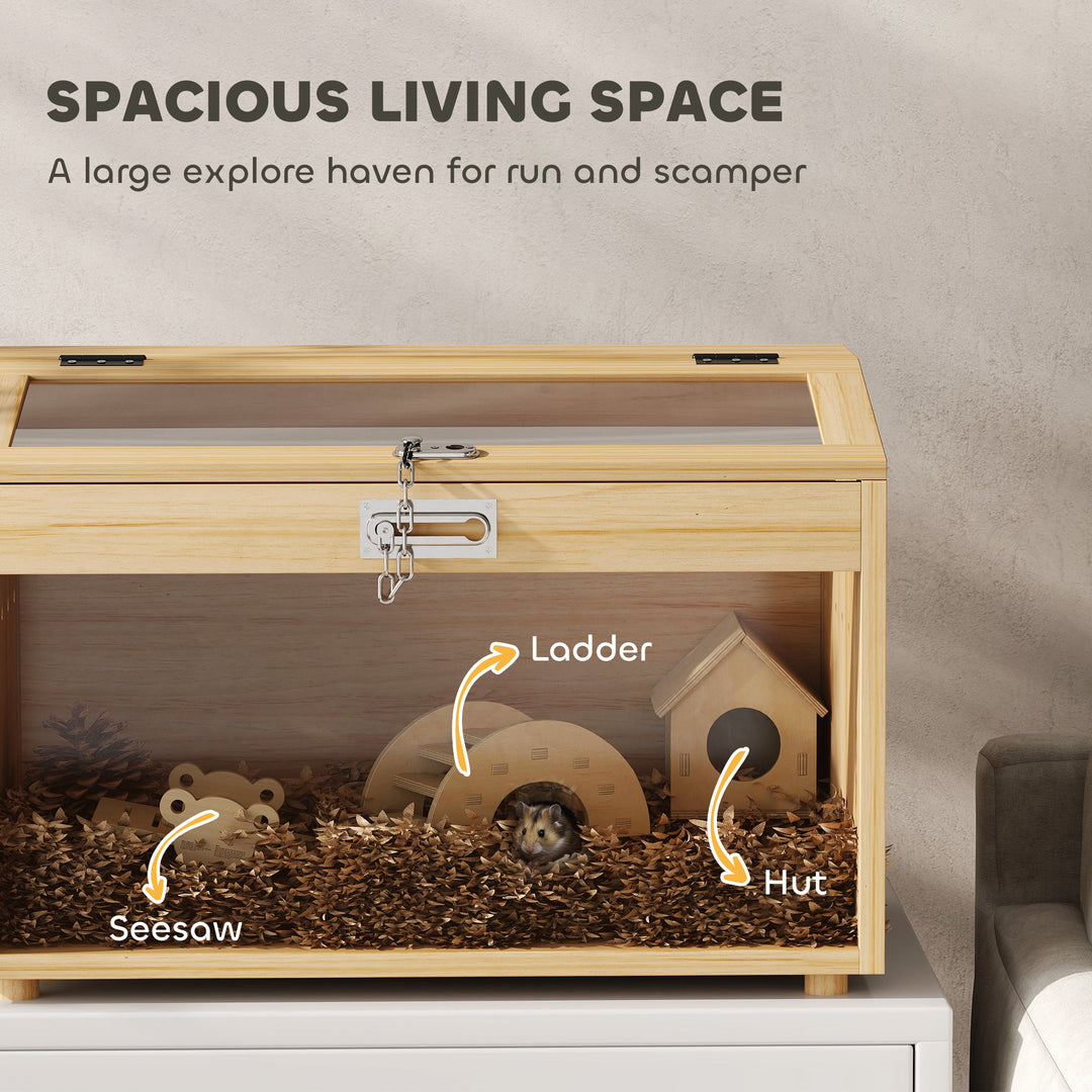 PawHut 22"L Hamster Cage with Openable Top & Acrylic Windows, Small Animal Cage with Hut, Seesaw, Ladder, Natural Wood