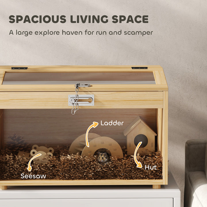 PawHut 22"L Hamster Cage with Openable Top & Acrylic Windows, Small Animal Cage with Hut, Seesaw, Ladder, Natural Wood