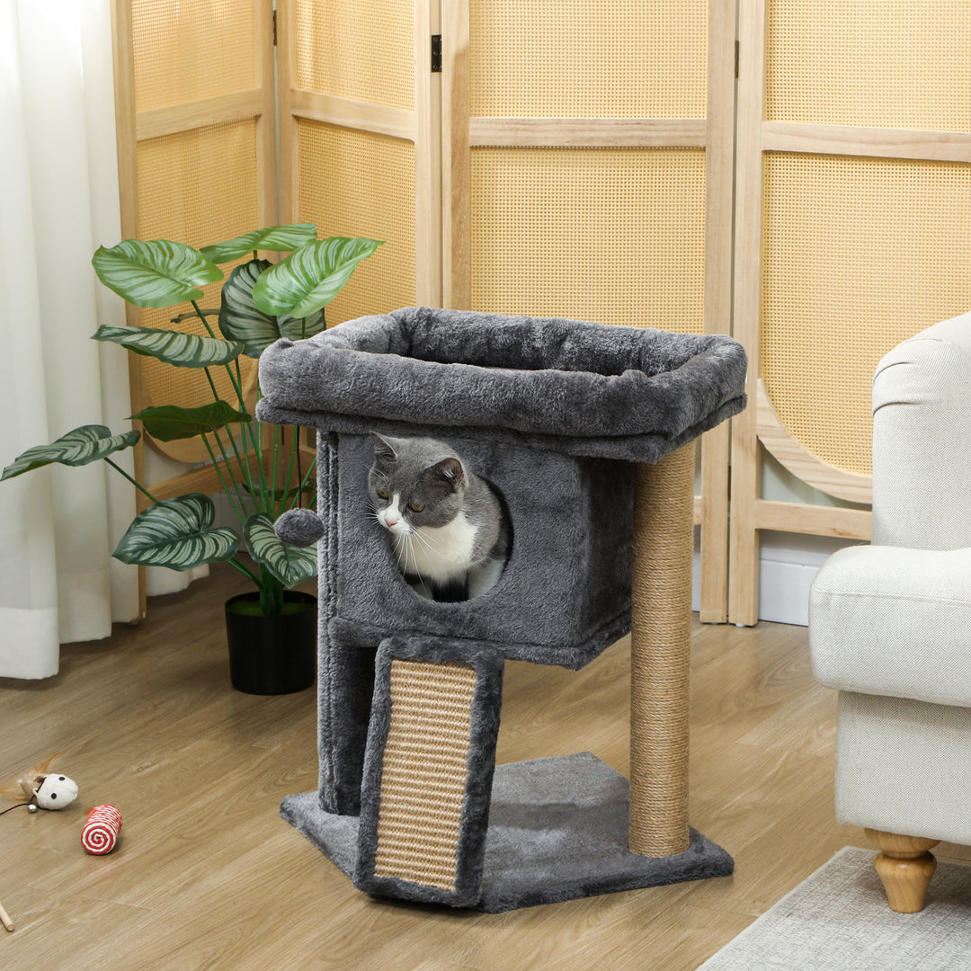 PawHut Cat Tree, Small Cat Tower with Perch, Scratching Post, Cat Condo, Toy Ball for Kitty, Indoor Use, Grey