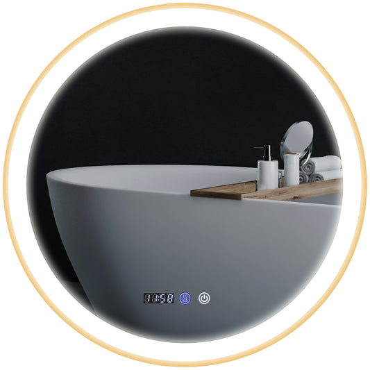 HOMCOM 24" Round Bathroom Mirror with LED Lights, Wall Mounted Vanity Mirror with Anti-Fog Pad, Time and Temp Display, Gold