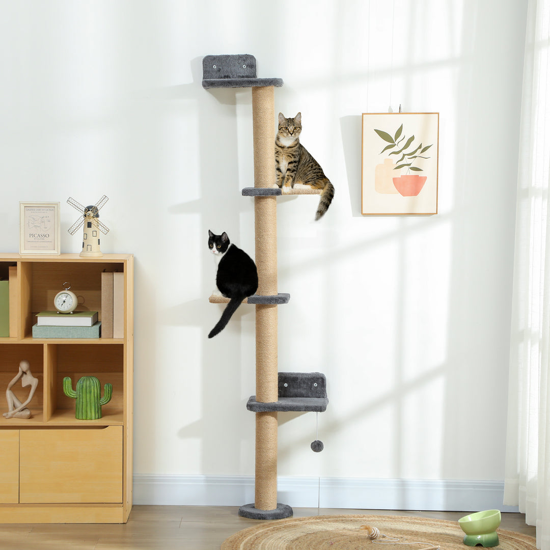 PawHut Cat Wall Shelves, Cat Wall Furniture with 4 Platforms, Jute Scratching Post for Indoor Playing, Climbing, Dark Grey