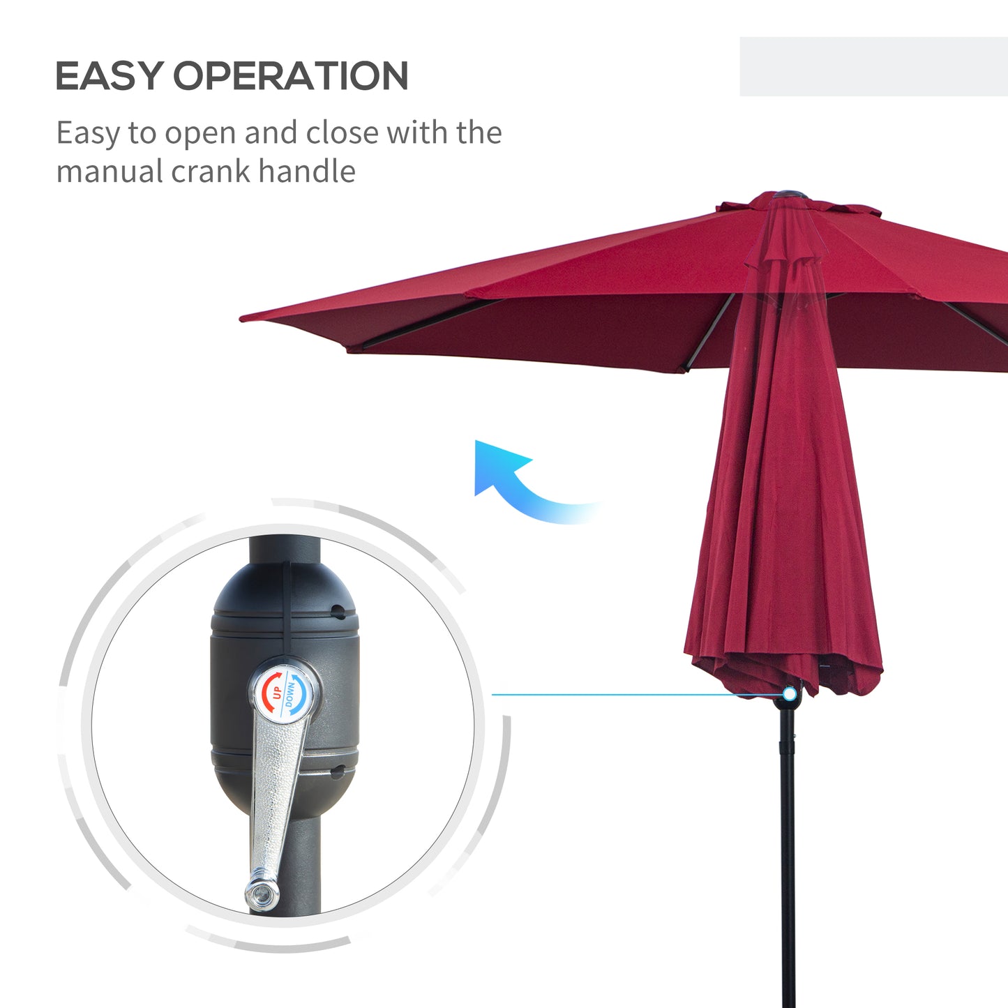Outsunny 10' x 8' Round Market Umbrella, Patio Umbrella with Crank Handle and Tilt, Outdoor Parasol for Garden, Bench, Lawn, Wine Red
