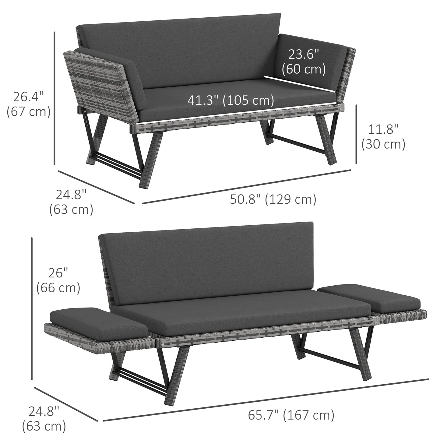 Outsunny Convertible Wicker Loveseat Grey Patio Chaise Lounge
