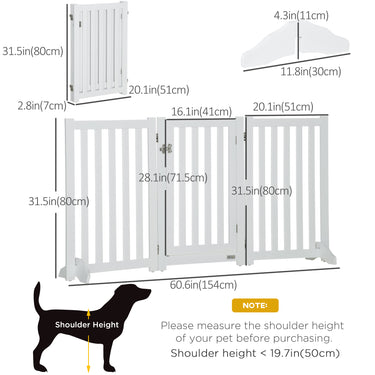 PawHut 31.5"H Foldable Dog Gate with Door, 3 Panels Freestanding Pet Gate Barriers Indoor with Support Feet, Puppy Fence for Small Medium Dogs, White