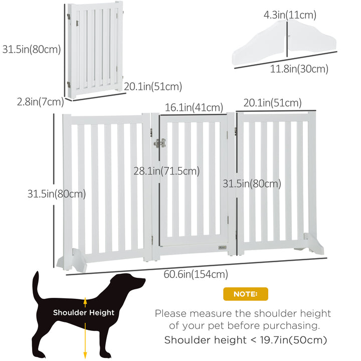 PawHut 31.5"H Foldable Dog Gate with Door, 3 Panels Freestanding Pet Gate Barriers Indoor with Support Feet, Puppy Fence for Small Medium Dogs, White