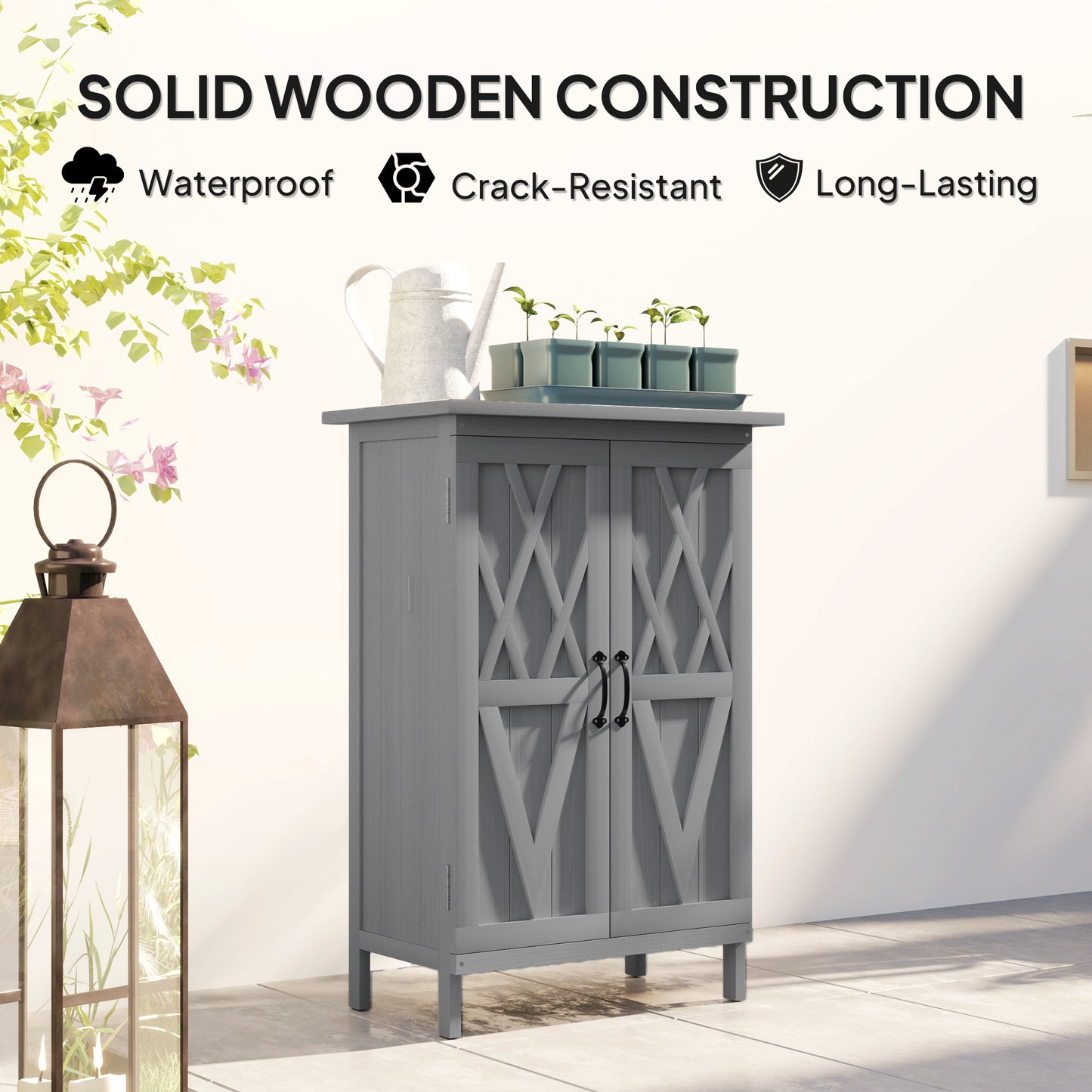 Outsunny Outdoor Storage Cabinet, Wooden Garden Storage Shed with 2-Tier Shelves, Metal Tabletop and Magnetic Doors, Grey